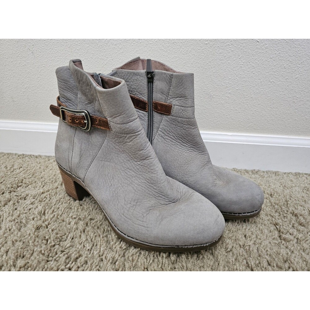 Dansko Hartley Womens EU 40 Grey Leather Buckle Side Zip Heel Ankle Booties